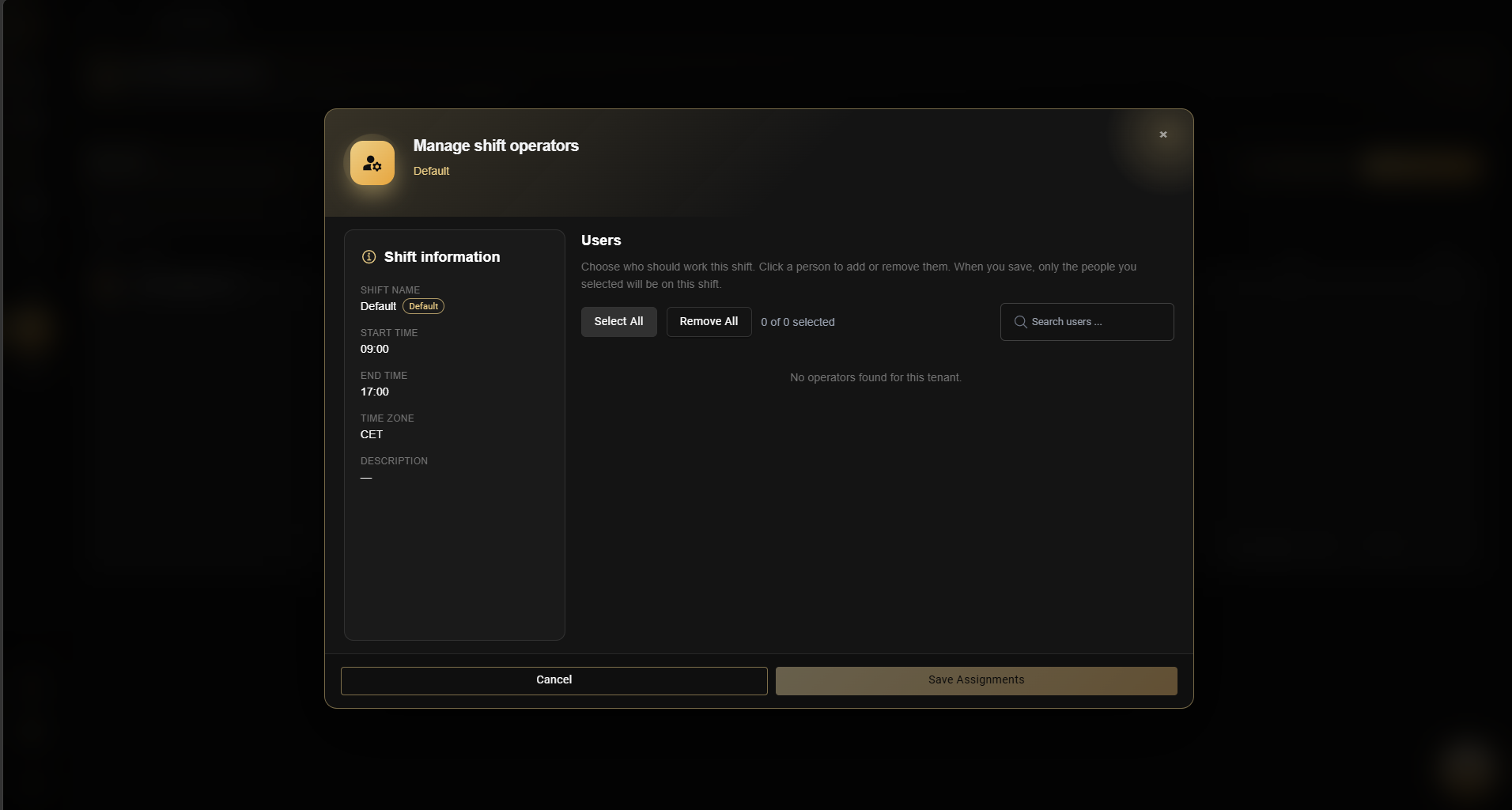 Manage shift operators dialog for selecting users and saving assignments