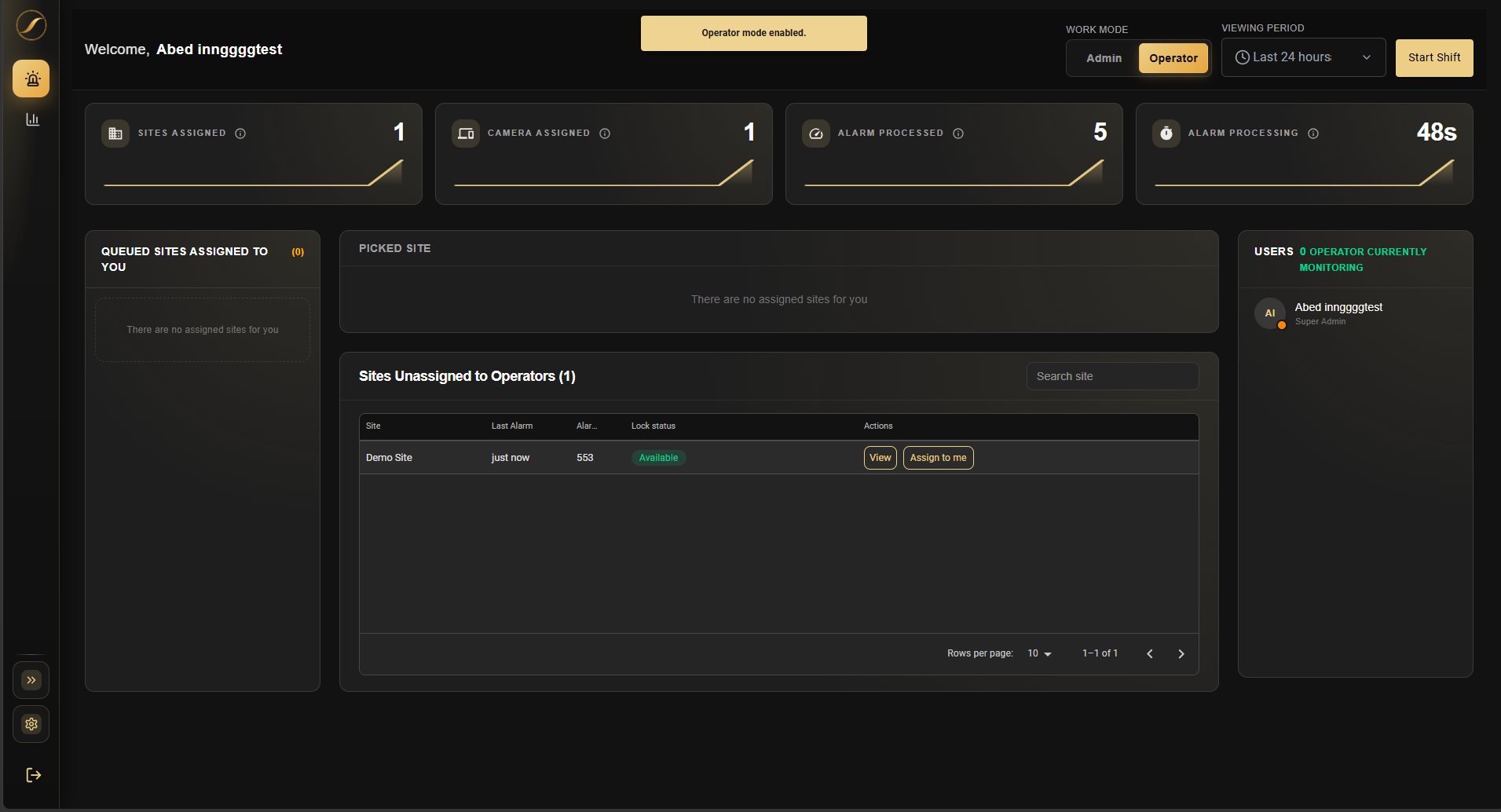 Alarm Center in Operator mode with the Start Shift button and an available site