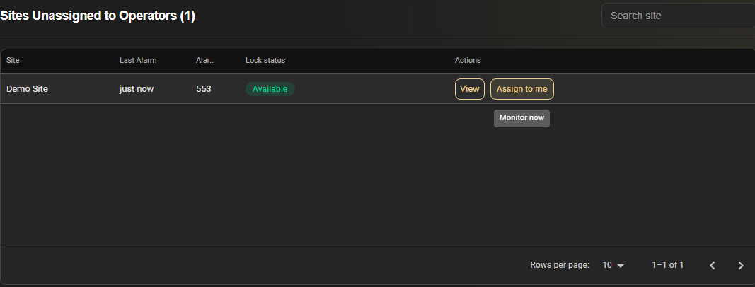 Available site row with View and Assign to me actions