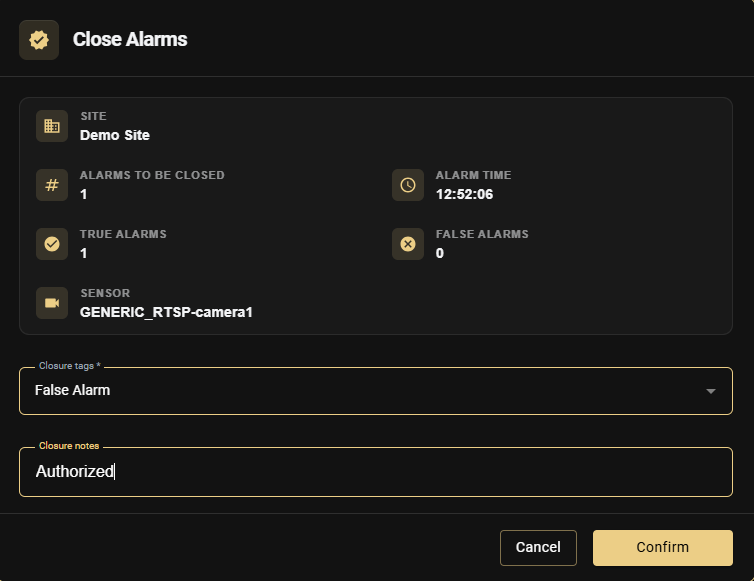 Close Alarms dialog with required closure tag and optional closure notes