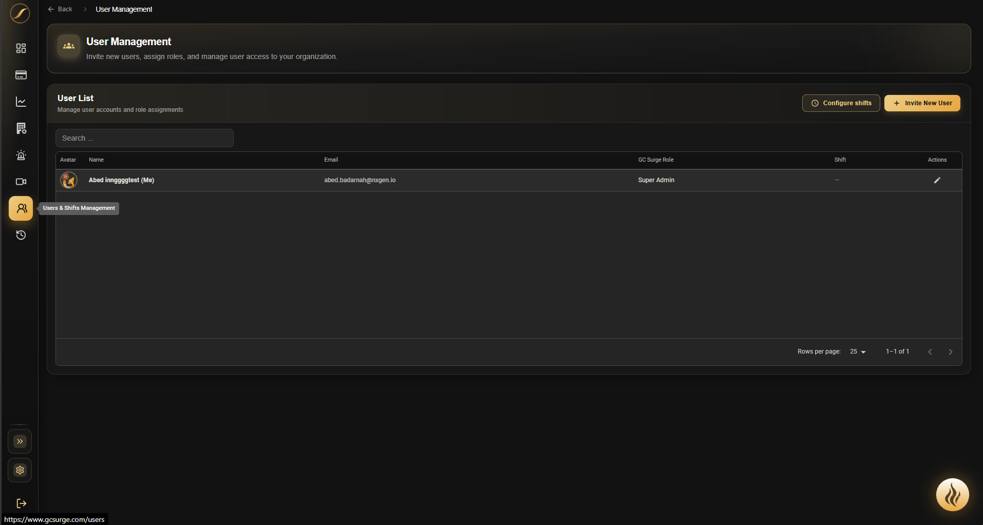 User Management page with Configure shifts and Invite New User buttons